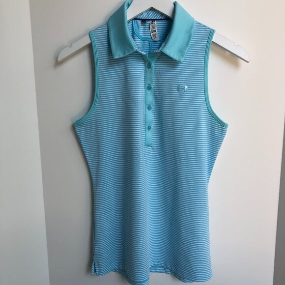 Under Armour Heat Gear Slvless Fitted Stripped Golf Top Turquoise Blue+Wht Sz S - Picture 1 of 10